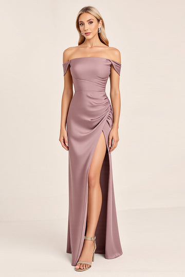 Robe de demoiselle d’honneur longue en satin mauve vintage à épaules dénudées avec fente